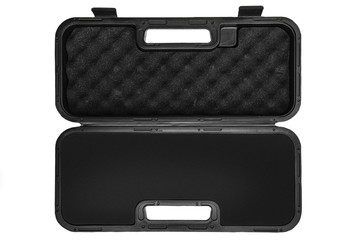 open black plastic case for arms or tools isolated on white back