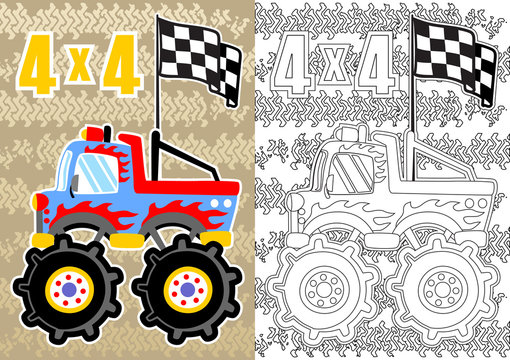 Monster truck, Vector cartoon illustration, coloring book or page