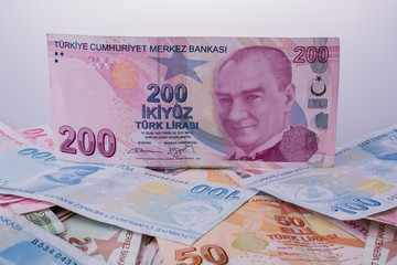 Turksh Lira banknotes of various color, pattern and value