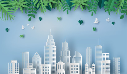 Paper art and craft style of beautiful leaves and green city, save the planet and energy concept, flat-style vector illustration.