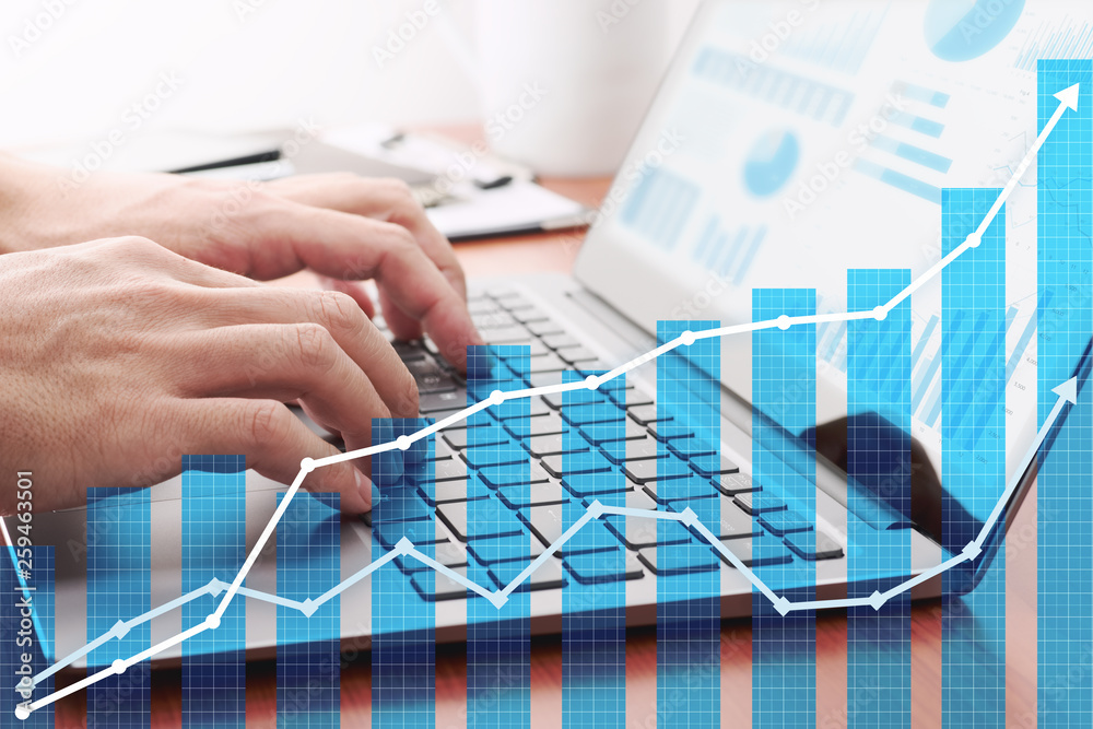 Poster business growth planning. businessman analyzing data and preparing reports.laptop and growth graphs.