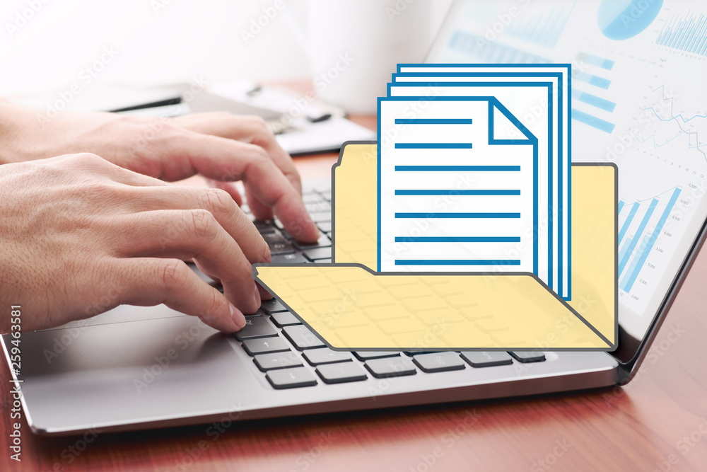 Aufkleber Computer documents management concept. Businessman preparing reports.Files and folder icon.