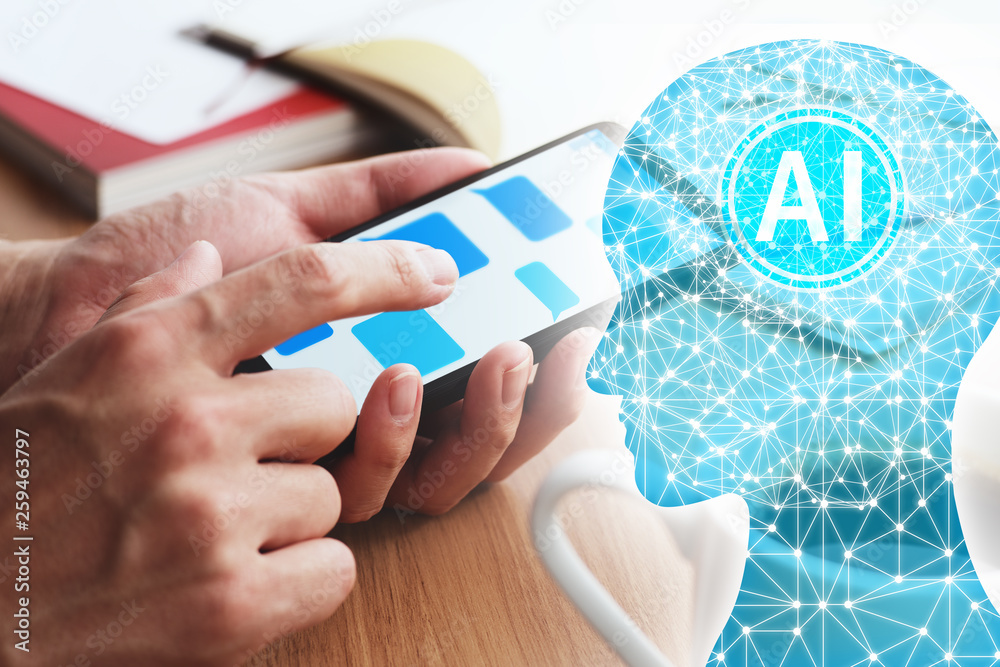 Poster artificial intelligence and smartphone concept.closeup of male hands touching smartphone screen at t