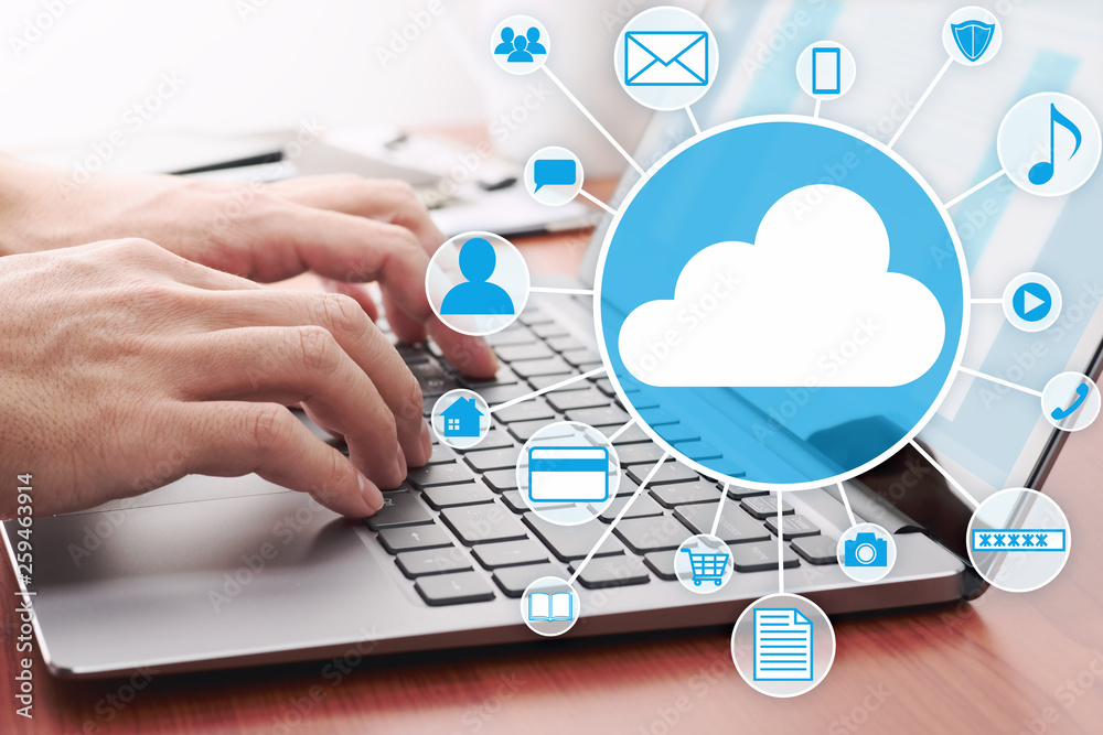 Aufkleber Cloud computing concept image. Using laptop for internet application.