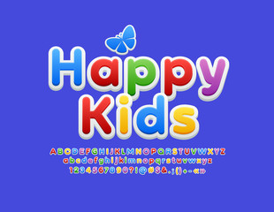Vector bright banner Happy Kids with Butterfly. Font for Children. Colorful Alphabet Letters, Numbers and Symbols 