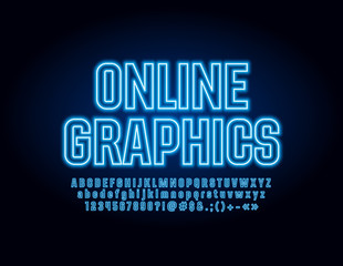 Vector neon emblem Online Graphics. Illuminated Font for Technology, Business, Digital Marketing. Glowing Alphabet set 
