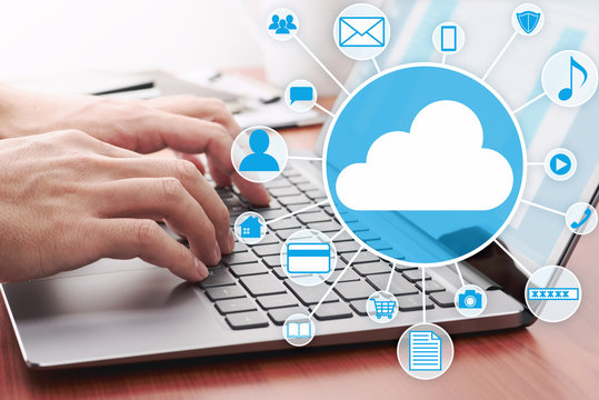 Cloud computing concept image. Using laptop for internet application.