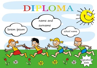 Diploma, running kids, funny creative illustration, eps. Two teams of competitors of little kids.Commemorative sheet for camp activities.