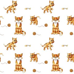 Kids seamless pattern with cute sitting colorful cats. Doodle orange kittens