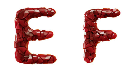 Letter set E, F made of 3d render plastic shards red color.
