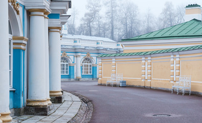 the road along the beautiful palace, Fog in the city Park, Catherine's palace, St. Petersburg,...