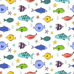 Seamless pattern with cartoon fishes. Vector illustration.