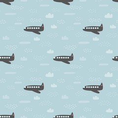 Seamless pattern with clouds and airplane on a blue background. Vector illustration.