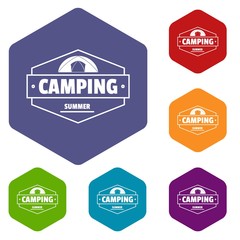 Summer camping icons vector colorful hexahedron set collection isolated on white 