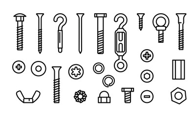 Simple set construction hardware illustration line icons. Screws, bolts, nuts and rivets. Equipment stainless, fasteners, metal fixation gear, illustration illustration.