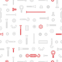 Obraz premium Pattern background construction hardware, screws, bolts, nuts and rivets. Equipment stainless, fasteners, metal fixation gear on seamless pattern.