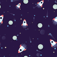 Pattern space rocket flying in cosmos space on background planets, meteorites and stars. Space ship in dark night cosmos seamless pattern.