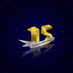 15 years anniversary Vector Template Design with golden color and silver ribbon isolated on blue sunburst background illustration for celebration event - Vector