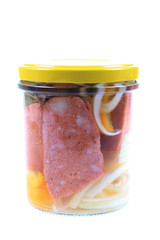 czech pickled sausages in vinegar isolated