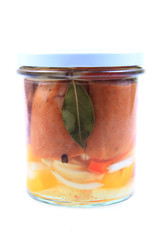 czech pickled sausages in vinegar isolated