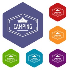 Camping shield icons vector colorful hexahedron set collection isolated on white 