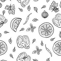 Food pattern background. Hand drawing lemon, herbs, pepper, onion, spices for cooking in doodle style on white background. Doodle drawing vegetable and ingredients. Food cooking concept.