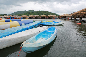 Boats on river at the raft in river kwai at kanchanaburi, Resort in thailand.