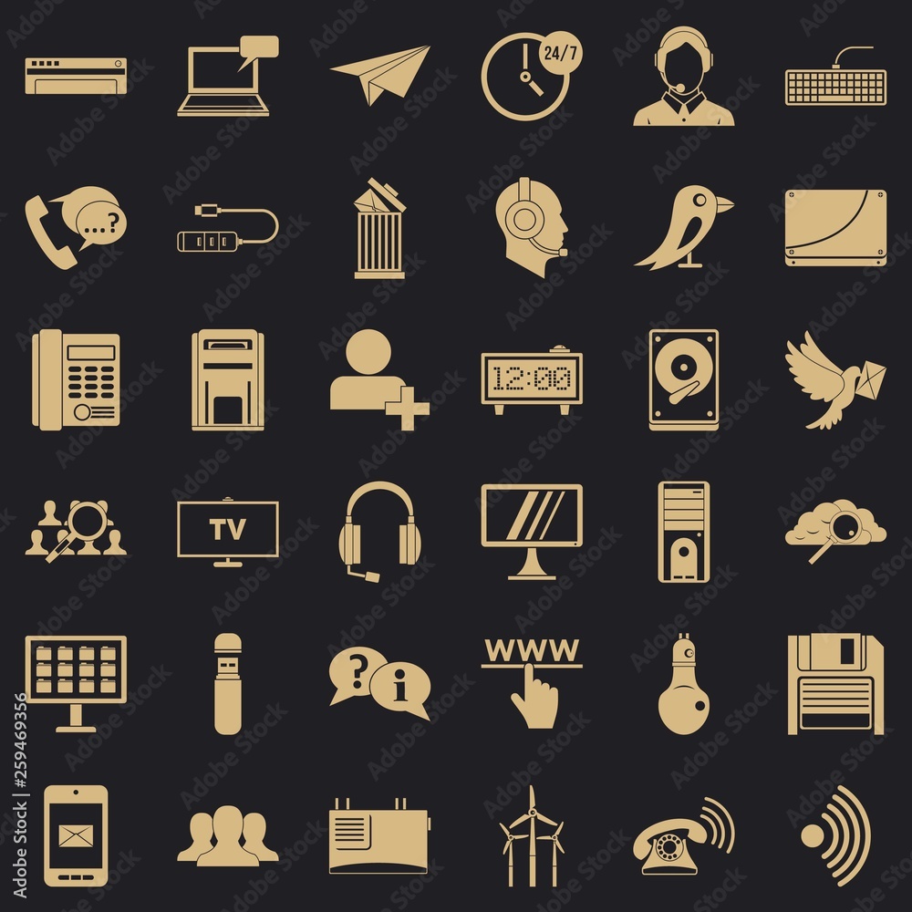 Poster global communication icons set. simple style of 36 global communication vector icons for web for any
