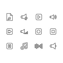 Simple set music buttons for play audio and sound illustration line icon. Contains such icons music play, stop, pause, rewind next track, sound track, volume, speaker off and on, note.