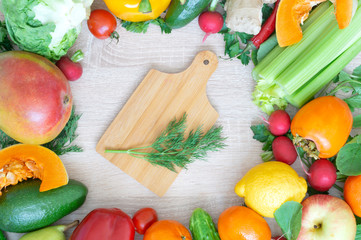 vegetables and fruits close-up in the middle of cutting Board