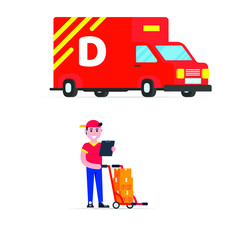 Fast red delivery vehicle car van and man character with clipboard and trolley and boxes on it flat style design vector illustration isolated on white background.  Symbol of delivery company set.