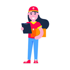 Fast delivery girl character with clipboard flat style design vector illustration. Delivery woman with the box in her hands. Symbol of delivery company. fast and free.