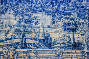 Fototapeta na wymiar Old, decorated Portuguese tiles or ceramic Azulejos