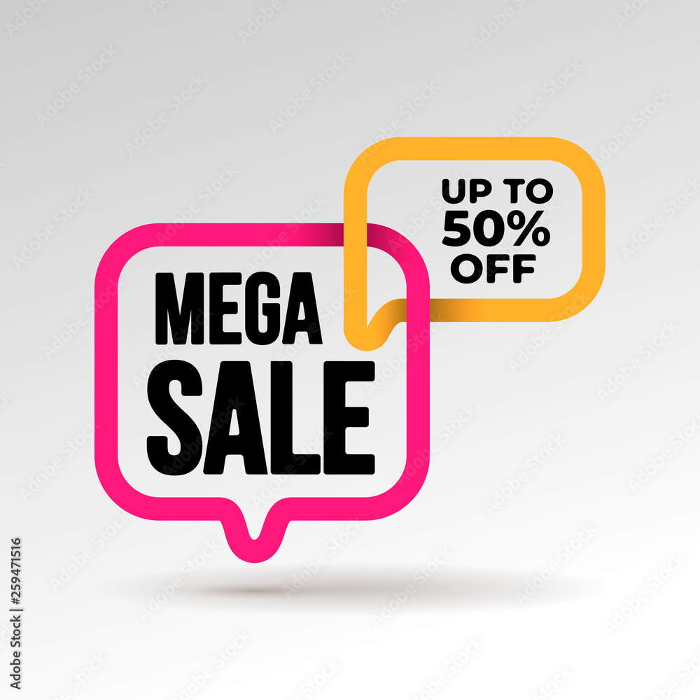 Wall mural Mega sale banner template design with bubble. Big sale best offer. 3D paper tape. Graphic design element. Vector illustration. Isolated on white background.