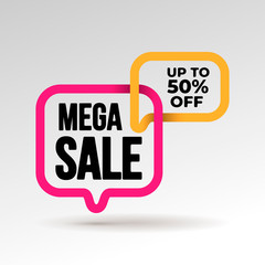 Mega sale banner template design with bubble. Big sale best offer. 3D paper tape. Graphic design element. Vector illustration. Isolated on white background.