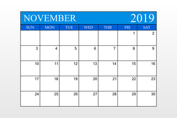 2019 Calendar, November, Blue Theme, Schedule Planner, organizer, weeks start from Sunday
