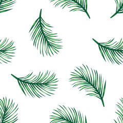 Fototapeta na wymiar Green branches of tropical palm tree on white pattern background. Branches green palm tree, exotic plants in tropical rainforest. Seamless pattern leaves and foliage. Jungle flora and nature.