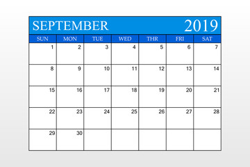 2019 Calendar, September, Blue Theme, Schedule Planner, organizer, weeks start from Sunday