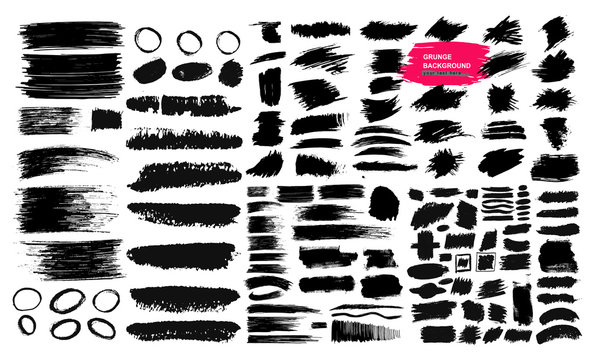Set of black brush strokes, paint, ink, grunge, brushes, lines. Dirty artistic elements, boxes, frames. Freehand drawing. Vector illustration. Isolated on white background_q
