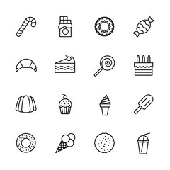 Simple icon set confectionery, pastries and sweets. Contains such symbols lollipop, chocolate bar, candy, donut, croissant, birthday cake, cake slice, ice cream, milk cocktail.