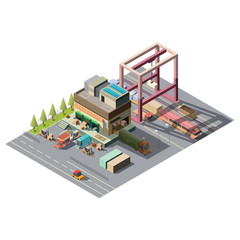 Commercial warehouse building with loading, unloading cargo vehicles near roll gates isometric vector isolated on white background. Delivery, postal service depot. City map cartography design element