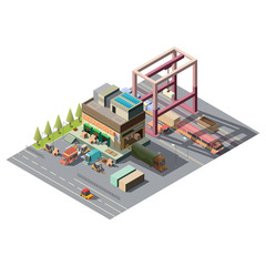 Obraz premium Commercial warehouse building with loading, unloading cargo vehicles near roll gates isometric vector isolated on white background. Delivery, postal service depot. City map cartography design element