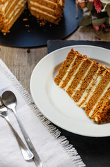 Homemade honey cake (medovik) with sour cream.