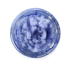 Jar of sugar scrub on white background