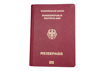 German biometric passport isolated on white background. Inscription - European Union, Federal Republic of Germany, Passport. Border crossing, travel, immigration