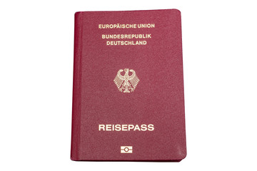 German biometric passport isolated on white background. Inscription - European Union, Federal Republic of Germany, Passport. Border crossing, travel, immigration