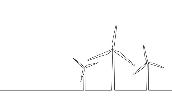 Single continuous line art wind generator. Save ecology green energy electricity. Windmill tower one sketch outline drawing vector illustration