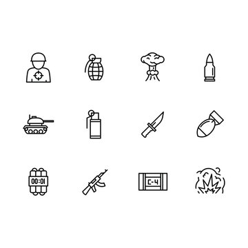 Simple set war, army, military and anti terrorism illustration line icon. Contains such icons military soldier, grenade, explosion, weapon, tank, bullet and projectile rocket.