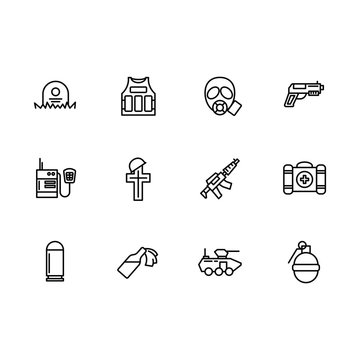 Simple set war, army, anti terrorism, battle illustration line icon. Contains such icons body armor, gas mask, chemical attack, weapon, gun, walkie talkie, first aid kit, death of military soldiers.