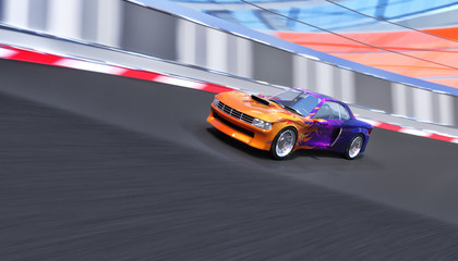 Sports car rides on the ring track. 3d illustration
